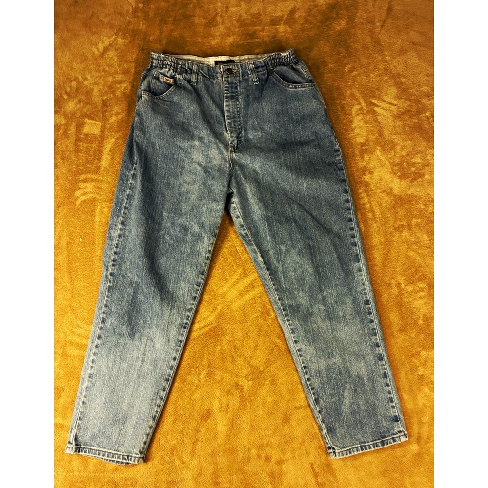 Lee Womens Jeans 16 Short Blue Peppered Stone Relaxed Fit Side Elastic Waist Mom